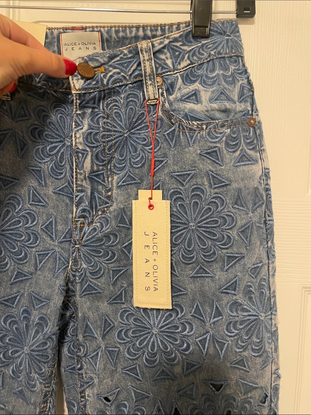 High-Rise Blue Floral Laser-Cut Wide-Leg Jeans - Picture 7 of 10